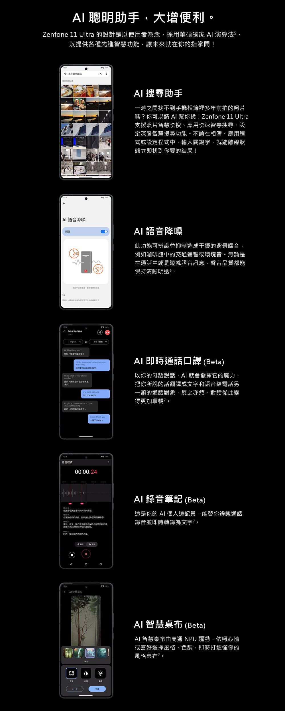 聰明助手大增便利Zenfone 11 Ultra 的設計以使用者為念採用華碩獨家 A 演算法以提供各種進功能讓未來就在你的指掌間  搜尋助手一時之間找不到手機相簿裡多年前拍的照片嗎你可以請  幫你找!Zenfone 11 Ultra支援照片智慧快搜、快速智慧搜尋、設定深層智慧搜尋功能不論在相簿、應用程式或設定輸入關鍵字就能離線狀態立即找到你要的結果!語音降噪AI語音降噪此功能可辨識抑制造成干擾的背景噪音例如咖啡館中的交通聲響或境音無論是在中或是遊戲語音訊息聲音質都能保持清晰明透6中並環通話品應用程式Ivan RamenEnglish中文 May I help 你好需要什麼  to reserve  two personsthis Friday我想要本週五兩位。Okay, whats your phonenumber好的,請問的電話號碼是, you0912-345-68Thanks for  is done好的,的預約完成。AI 即時通話口譯(Beta)以你的母語說話,AI 就發揮它的魔力,把你所說的話翻譯成文字語音給電話另一頭的通話對象,反之亦。對話從此變得更加順暢?。太好了!錄音程式00:00:24感謝您今天。也謝謝你們的,那就今天的!然,首先,會先和,好的,我很期待的合作, AI智慧桌布。文字AI 錄音筆記(Beta)這是你的 AI 個人速記員,能替你辨識通話錄音並即時轉錄為文字7。AI 智慧桌布(Beta)AI 智慧桌布由高通 NPU 驅動,依照心情或喜好選擇風格、色調,即時打造懂你的風格桌布。