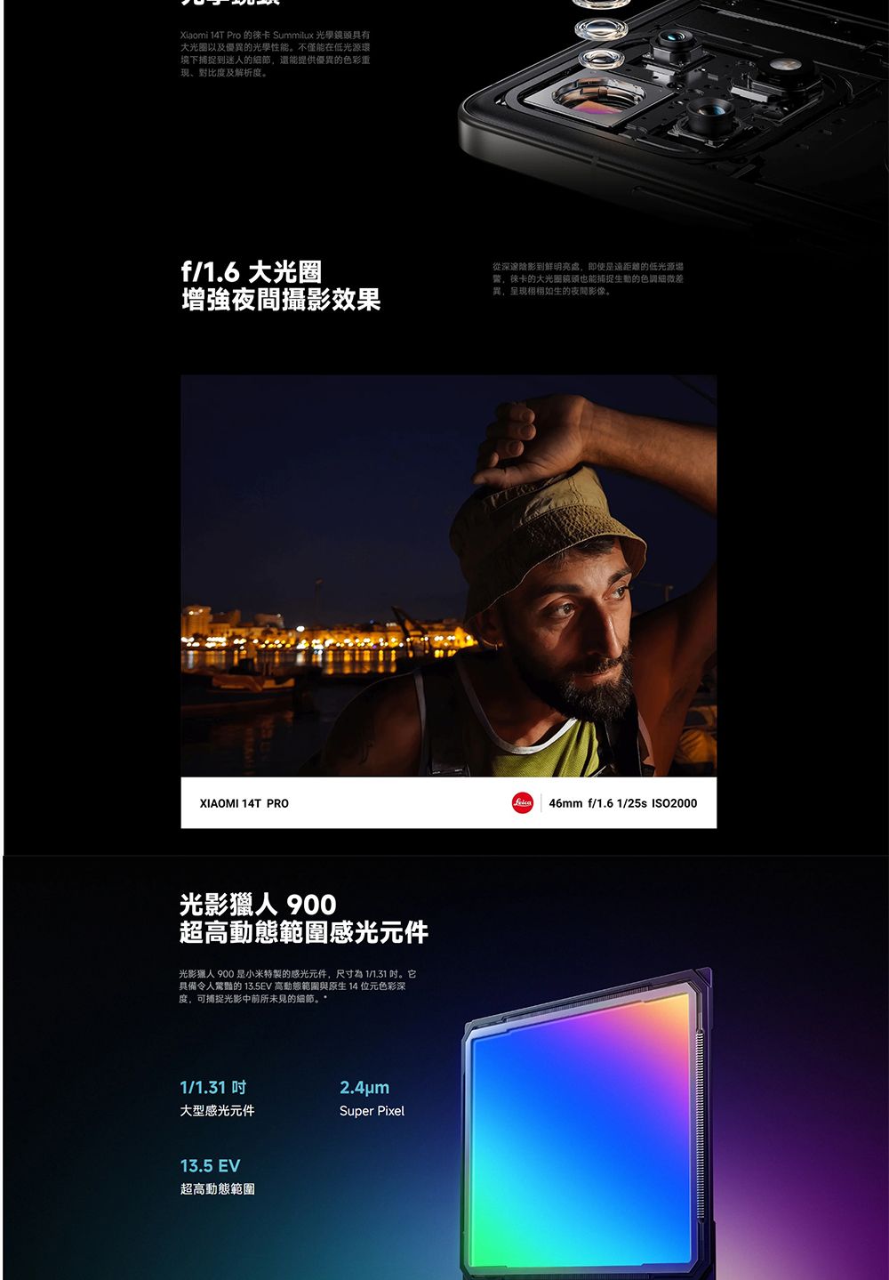 Xiaomi 14T Pro 的 Summilux 光學鏡頭具有大光圈以及優的光學性能。不僅能在低光源環境下捕捉到迷人的細節還能提供優異的色彩重對比及解析度。f/1.6大光圈增強夜間攝影效果從深邃陰影到鮮明亮,即使是遠距離的低光源警,徠卡的大光圈鏡頭也能捕捉生動的色调细微差異,呈現栩栩如生的夜間影像。XIAOMI 14T PRO 46mm f/1.6 1/25s ISO2000光影獵人 900超高動態範圍感光元件光影獵人 900 是小米特製的感光元件,尺寸為1/1.31。它具備令人驚豔的 13.5EV 高動態範圍與原生14位元色彩深度,可捕捉光影中前所未見的細節。*1/1.31 2.4um大型感光元件Super Pixel13.5 EV超高動態範圍