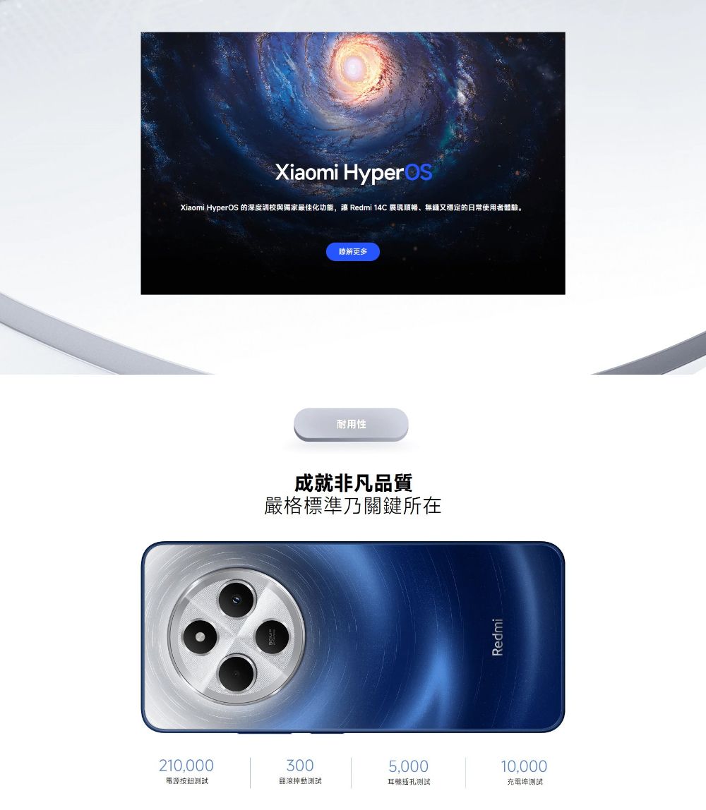 Xiaomi Xiaomi HyperOS 的深度調校與獨家最佳化功能, Redmi 14C 展現順暢、又穩定的日常使用者體驗。耐用性瞭解更多成就非凡品質嚴格標準乃關鍵所在Redmi210,0003005,00010.000電源按鈕測試翻滾動測試耳機插孔測試充電埠測試