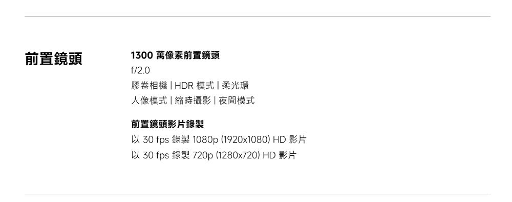 前置鏡頭1300萬像素前置鏡頭f/2.0膠卷相機 HDR模式|柔光環人像模式|縮時攝影|夜間模式前置鏡頭影片錄製以30 fps 錄製 1080p (1920x1080) HD 影片以 30 fps 錄製 720p (1280x720) HD 影片