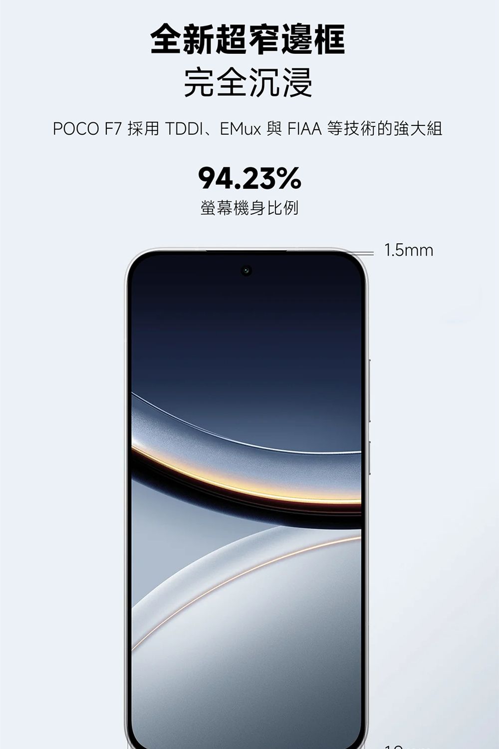 全新超窄邊框完全沉浸POCO F7 採用 TDDI、EMux 與 FIAA 等技術的強大組94.23%螢幕機身比例1.5mm