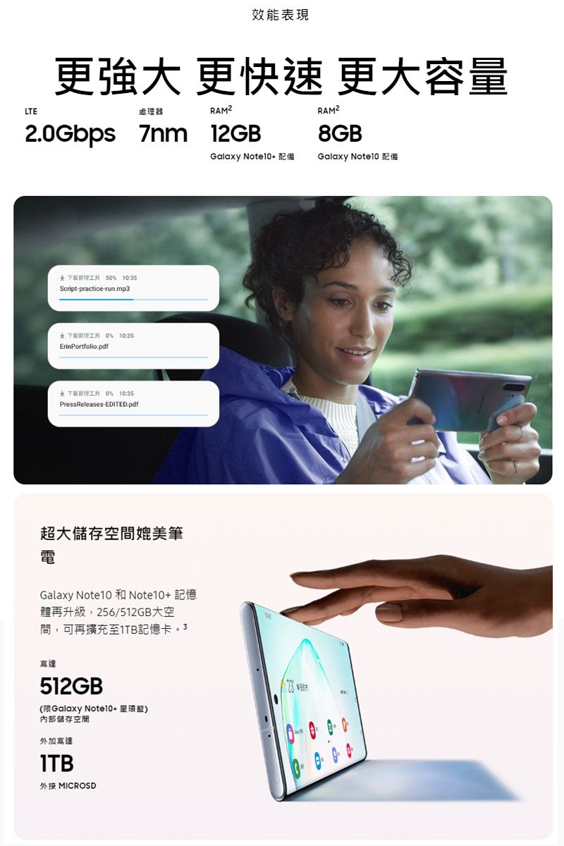 效能表現更強大 更快速 更大容量LTE處理器RAM²2Gbps 7nm 12GBGalaxy 配備Galaxy Note1 配備8GB  50 10:35Script-practice-run.mp3 0% 10:35ErinPortfolio.pdf 0% 10:35PressReleases-EDITED.pdf.超大儲存空媲美筆電Galaxy 和Note10記憶體再升級,256/512GB大空間,可再擴充至1TB記憶卡。3高達512GB®(限Galaxy Note10+ 環藍)內部儲存空間外加高達ITB外接 MICROSD00
