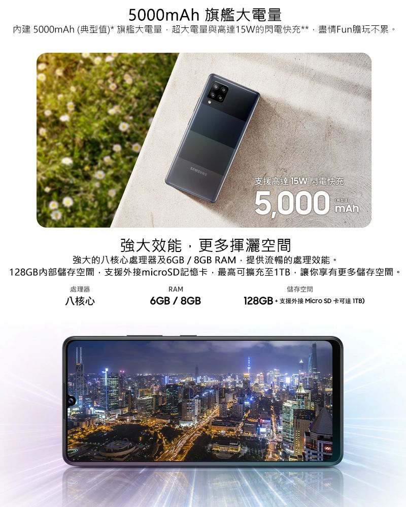 5000mAh 旗艦大電量內建 5000mAh (典型值)* 旗艦大電量超大電量與高達15W的閃電快充**,盡情Fun膽玩不累。SAMSUNG支援高達15W 閃電快充5,000mAh強大效能,更多揮灑空間強大的八核心處理器及6GB/8GB RAM,提供流暢的處理效能。128GB內部儲存空間,支援microSD記憶卡,最高可擴充至1TB,讓你享有更多儲存空間。處理器八核心RAM6GB/8GB儲存空間128GB+支援外接 Micro SD卡可達 ITB)