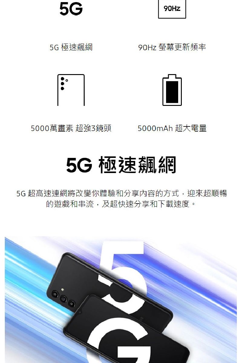 5G5G 極速飆網90Hz 螢幕更新頻率5000萬畫素 超強3鏡頭5000mAh 超大電量5G 極速飆網5G 超高速連網將改變你體驗和分享內容的方式,迎來超順暢的遊戲和串流,及超快速分享和下載速度。