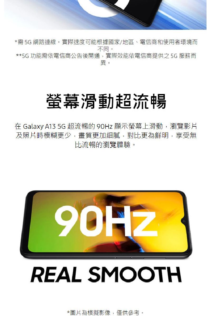 *需 5G 網路連線。實際速度可能根據國家/地區、電信商和使用者環境而不同。**5G 功能需依電信商公告後開通,實際效能依電信商提供之 5G 服務而。螢幕滑動超流暢 Galaxy A13 5G超流暢的 顯示螢幕上滑動,瀏覽影片及照片時模糊更少,畫質更加細膩,對比更為鮮明,享受無比流暢的瀏覽體驗。90HzREAL SMOOTH*圖片為模擬影像,僅供參考。