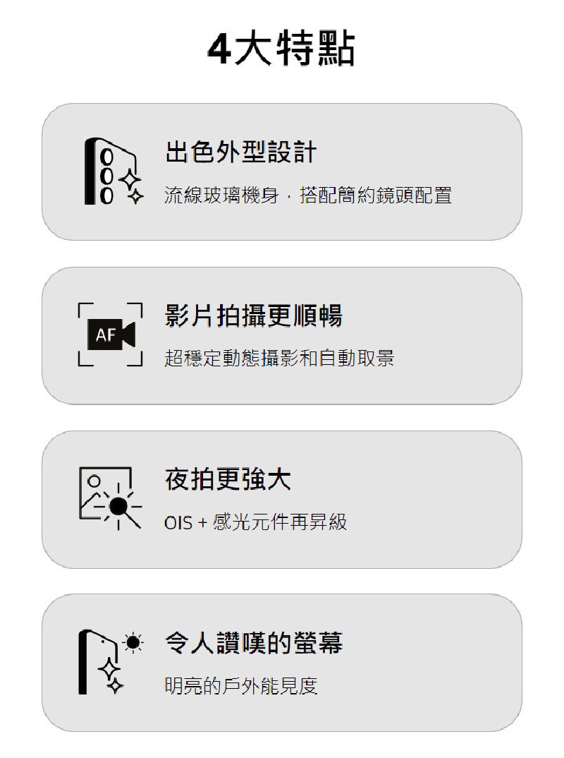 4大特點出色外型設計流線玻璃機身,搭配簡約鏡頭配置影片拍攝更順暢AF超穩定動態攝影和自動取景夜拍更強大OIS+感光元件再昇級令人讚嘆的螢幕明亮的戶外能見度