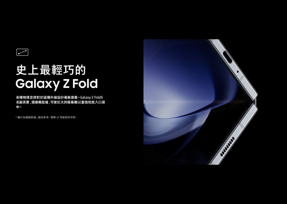 史上最輕巧的Galaxy Z Fold各種物理定律對於這種升級設計毫無意義GalaxyZ Fold5名副其實,摺疊起後,可使巨大的螢幕難以置信地放入口袋*圖片為模擬影像,僅供參考。實際有所不同。