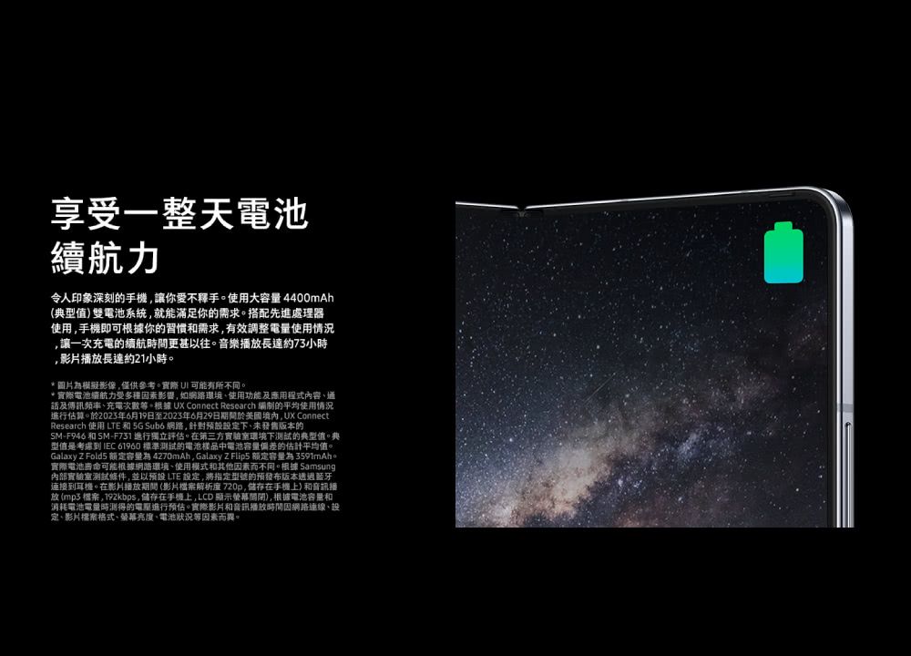 享受一整天電池續航力令人印象深刻的手機讓你。使用大容量4400mAh(典型雙電池系統就能滿足你的需求。搭配先進處理器使用手機即可根據你的習慣和需求有效調整電量使用情況,讓一次充電的續航時間更甚以往。樂播放長達約73小時,影片播放長達約21小時。*圖片為模擬影像,僅供參考。實際  有所不同。*實際電池續航力受因素影響,如網路環境使用功能及應用程式內容話及傳訊頻率、充電次數等。根據 UX Connect Research 編制的平均使用情況進行估算。於2023年6月19日至2023年6月29日期間於美國境內,UX ConnectResearch 使用 LTE 和 5G Sub6 網路,設定下,發售版本的-F946 和 SM-F731進行獨立評估。在第三方實驗室環境下测试的典型值。典型值是到 IEC 61960 標準試的電池樣品中電池容量偏差的估計平均值。Galaxy Z Fold5 额定容量為 4270mAh, Galaxy Z Flip5 額定容量為 。實際電池音可能根據網路環境、使用模式和其他因素而不同。根據 Samsung內部實驗室測試條件,並以 LTE 設定,將指定型號的發布版本透過藍牙連接到耳機。在影片播放期間 (影片解析度720p,儲存在手機)和音訊播放(mp3檔案,192kbps,儲存在手機上,LCD 顯示),根據電池容量和消耗電池電量時測得的進行預估。實際影片和音訊播放時間因網路連線、設定、影片檔案格式、亮度、電池狀況等因素而異。