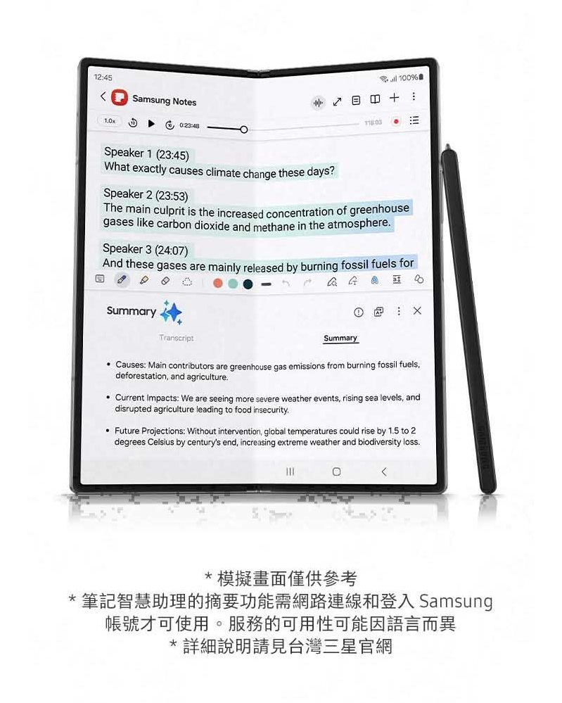 12:45Samsung Notesl10  03Speaker 1 (23:45)What exactly causes climate change these days?Speaker 2 (23:53)The main culprit is the increased concentration of greenhousegases like carbon dioxide and methane in the atmosphereSpeaker 3 (24:07)And these gases are mainly released by burning fossil fuels for A SummaryTranscriptSummary Causes: Main contributors are greenhouse gas emissions from burning fossil fuelsdeforestation, and agriculture Current Impacts: We are seeing more severe weather events, rising sea levels, anddisrupted agriculture leading to food insecurity. Future Projections: Without intervention, global temperatures could rise by 1.5 to 2degrees Celsius by centurys end, increasing extreme weather and biodiversity loss.0模擬畫面僅供參考*筆記智慧助理的摘要功能需網路連線和登入 Samsung帳號才可使用。服務的可用性可能因語言而異*說明請見台灣三星官網