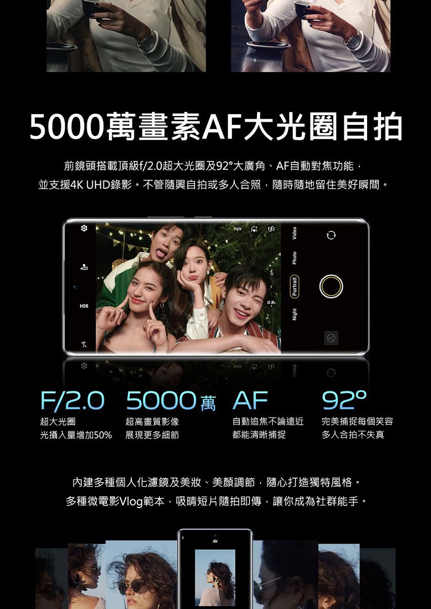 5000萬畫素F大光圈自拍前鏡頭搭載頂級f/2.0超大光圈及92大廣角、AF自動對焦功能,並支援4K UHD錄影。不管隨興自拍或多人合照,隨時隨地留住美好瞬間。HDRF/2.0_5000萬 AFA(Portrait)Photo超大光圈超高畫質影像光攝入量增加50% 展現更多細節自動追焦不論遠近都能清晰捕捉完美捕捉每個笑容多人合拍不失真92內建多種個人化濾鏡及美、美顏調節,隨心打造獨特風格。多種微電影Vlog範本,吸短片隨拍即傳,讓你成為社群能手。