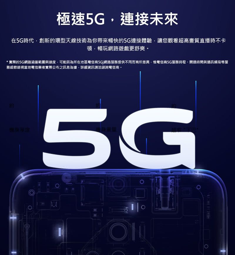 極速5G連接未來在5G時代創新的環型天線技術為你帶來暢快的5G連接體驗讓您觀看超高畫質直播時不卡頓暢玩網路遊戲更舒爽* 實際的5G網路涵蓋範圍與速度,可能因為所在地區電信商5Gj網路服務提供不同而有所差異,電信商5G服務時程、開通時間與通訊頻段等服務細節端視當地電信業者實際公布之訊息為據,詳細資訊請洽諮詢電信商。效身厚度機身5GON