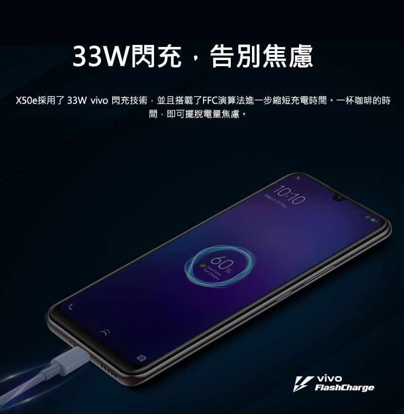 33W閃充,告別焦慮X50e採用了33W vivo 閃充技術,並且搭載了FFC演算法進一步縮短充電時間。一杯咖啡的時間,即可擺脫電量焦慮。60% Fast 10:10March 21 vivoFlashCharge