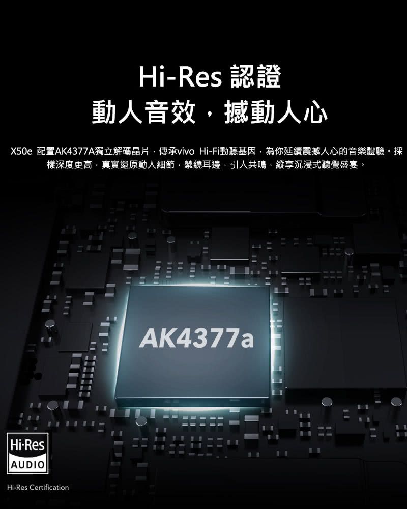 Hi-Res 認證動人音效撼動人心X50e 配置AK4377A獨立解碼晶片傳承vivo Hi-Fi動聽基因為你延續震撼人心的音樂體驗。採樣深度更高,真實還原動人細節,縈繞耳邊,引人共鳴,縱享沉浸式聽覺盛宴。Hi-ResAUDIOHi-Res CertificationAK4377a