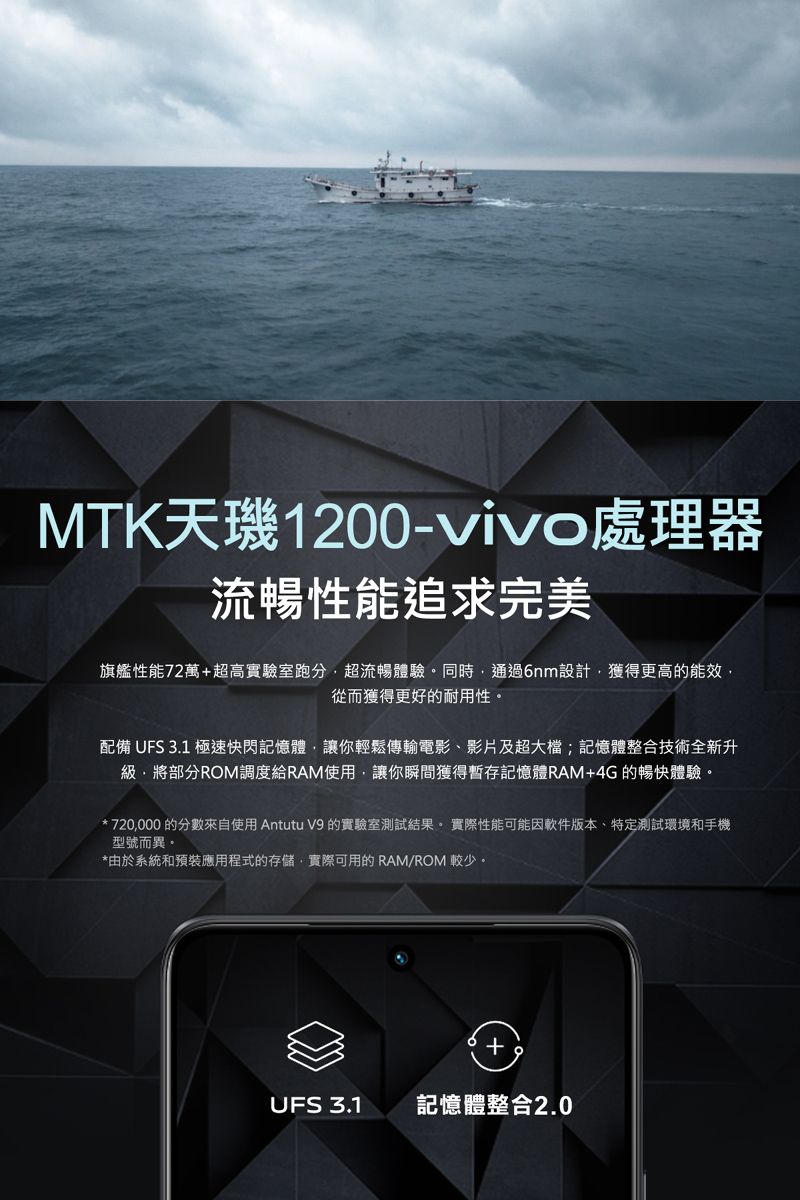 MTK天1200-vivo處理器流暢性能追求完美旗艦性能72萬超高實驗室跑分超流暢體驗。同時通過6nm設計獲得更高的能效,從而獲得更好的耐用性。配備 UFS 3.1 極速快閃記憶體,讓你輕鬆傳輸電影、影片及超大檔;記憶體整合技術全新升級,將部分ROM調度給RAM使用,讓你瞬間獲得暫存記憶體RAM+4G 的暢快體驗。*720,000 的分數來自使用 Antutu V9 的實驗室測試結果。 實際性能可能因軟件版本、特定測試環境和手機型號而異。*由於系統和預裝應用程式的存儲,實際可用的 RAM/ROM 較少。+UFS 3.1記憶體整合2.0