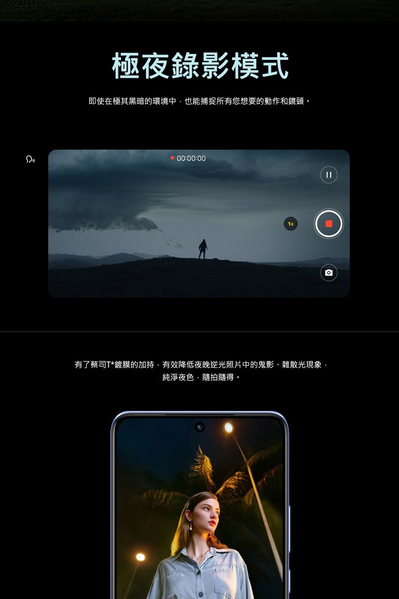極夜錄影模式即使在極其黑暗的環境中也能捕捉所有您想要的動作和鏡頭。00:00:00有了蔡司T*鍍膜的加持有效降低夜晚逆光照片中的鬼影、雜散光現象,純淨夜色,隨拍隨得。