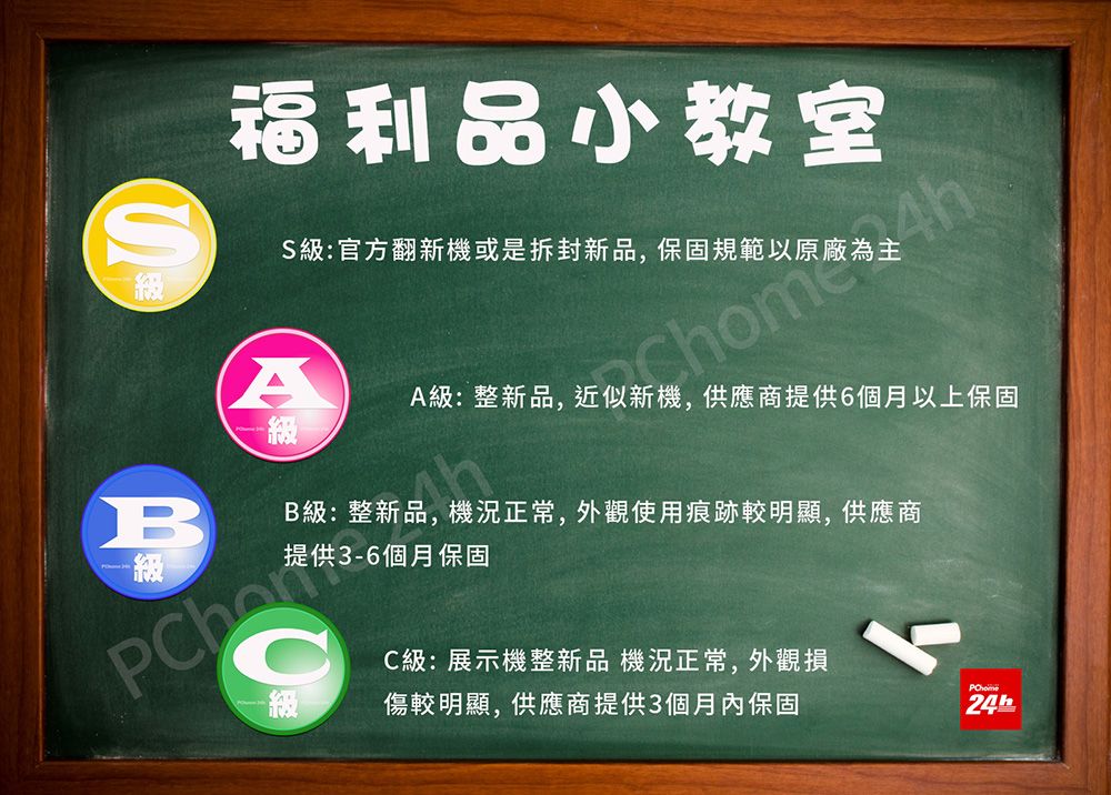 S級福利品小教室S級:官方翻新機或是拆封新品,保固規範以原廠 規範以原廠A級: 整新品, 近似新機,供應商提供6個月以上保固B級:整新品,機況正常,外觀使用痕跡較明顯,供應商提供3-6個月保固一級B一級一級C級:展示機整新品 機況正常,外觀損傷較明顯,供應商提供3個月內保固