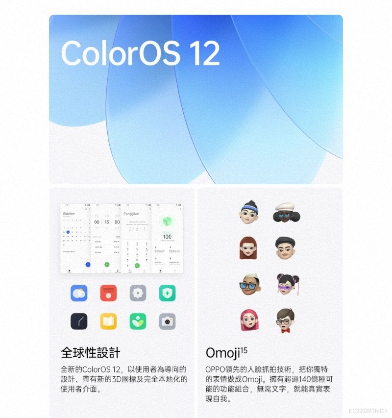 ColorOS 1200 100□全球性設計全新的ColorOS 12 以使用者為導向的設計帶有新的3D圖標及完全本地化的使用者介面。OPPO領先的人臉抓拍技術,把你獨特的表情做成Omoji。擁有超過140億種可能的功能組合,無需文字,就能真實表現自我。EC2202BTN107
