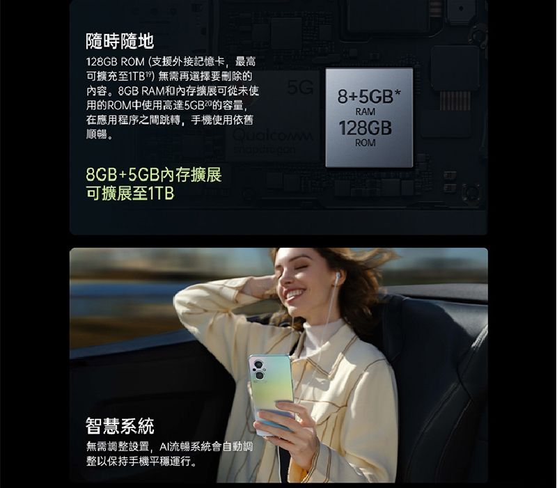 隨時隨地128GB ROM (支援外接記憶卡,最高可擴充至1TB)無需再選擇要刪除的內容。8GB RAM和內存擴展可從未使用的ROM中使用高達5GB的容量,在應用程序之間跳轉,手機使用依舊5G8+5GB*RAM128GB 順暢。ROM8GB+5GB內存擴展可擴展至1TB智慧系統無需調整設置,AI流暢系統會自動調整以保持手機平穩運行。