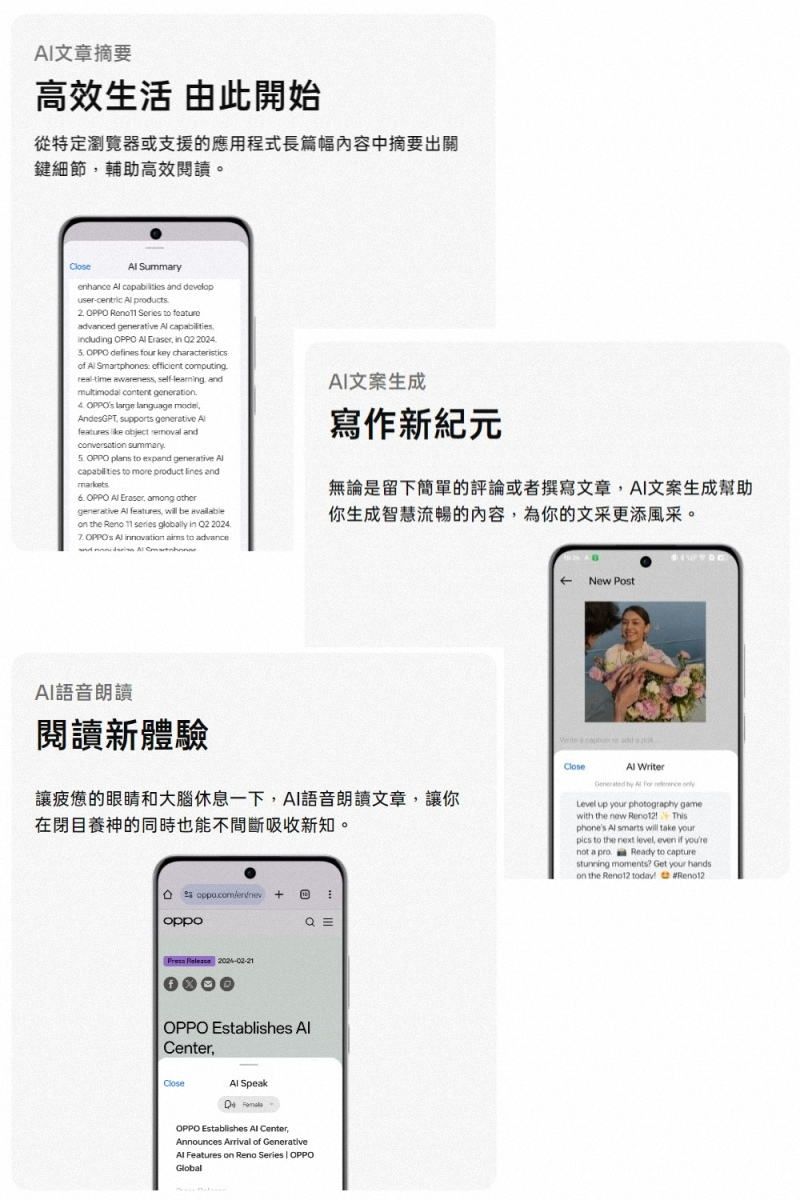 文章摘要高效生活 由此開始從特定瀏覽器或支援的應用程式長篇幅內容中摘要關鍵細節。輔助高效閱讀。 Summaryenhance   and usercentric  products2   Series to featureadvanced   cluding OPPO   in  2024 OPPO defines tour key characteristicsof  Smartphes  realtime  self and ctent generation OPPOs large   sports generative   object  and summary OPPO plans to expand generative  to more product  and OPPO   among othergenerative  features   on the Reno  series globally in 2 2024   innovation  to  寫作無論是留下簡單的評論或者撰寫文章文案生成你生成智慧流暢的內容為你的文采更添風采。AI語音朗讀閱讀新體驗讓疲憊的眼睛和大腦休息一下AI語音朗讀文章讓你在閉目養神的同時也能吸收新知。   oppo  Q OPPO Establishes Center SpeakOPPO Establishes  Center,Announces Arrival of GenerativeAl Features on Reno Series  OPPOGlobal New PostCloseAl WriterLevel up your photography gameup)with the new  Thisphones Al smarts will take your to the next level, even  not a pro Ready to capturestunning moments? Get your handson the  #Renot2.