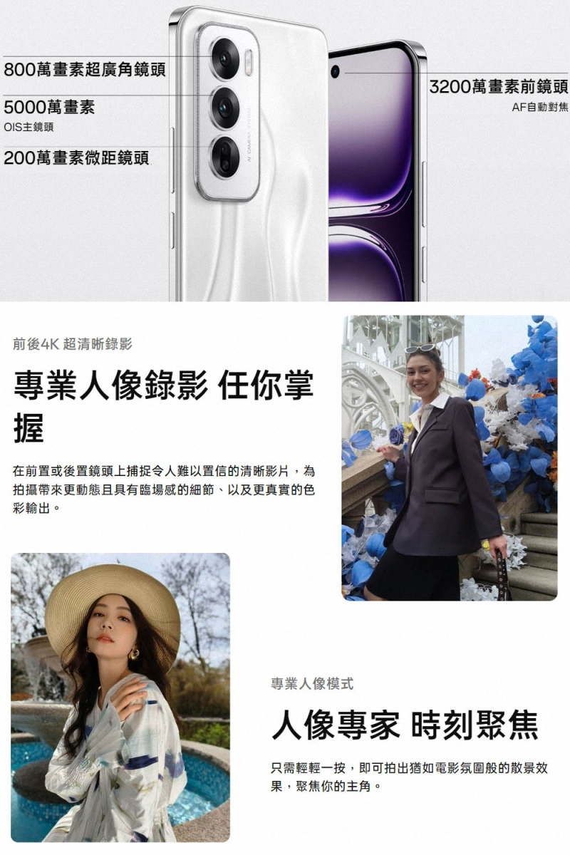 800萬畫素超廣角鏡頭5000萬畫素OIS主鏡頭200萬畫素微距鏡頭前後4K超清晰錄影專業人像錄影 任你掌握在前置或後置鏡頭上捕捉令人難以置信的清晰影片,為拍攝帶來更動態且具有臨場感的細節、以及更真實的色彩輸出。3200萬畫素前鏡頭AF自動對焦專業人像模式人像專家 時刻聚焦只需輕輕一按,即可拍出猶如電影氛圍般的散景效果,聚焦你的主角。