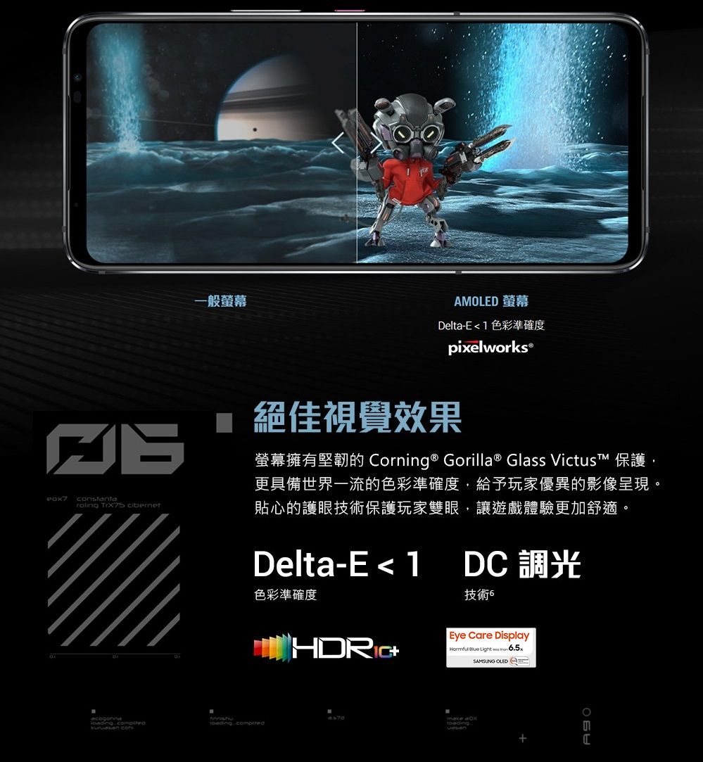 roling  cibernet 一般AMED 螢幕Delta-E 色彩準確度pixelworks® 絕佳視覺效果螢幕擁有堅韌的 Corning ® Gorilla ® Glass Victus™ 保護更具備世界一流的色彩準確度,給予玩家優異的影像呈現。貼心的護眼技術保護玩家雙眼,讓遊戲體驗更加舒適。Delta-E  1色彩準確度DC 調光技術6Eye Care Display  Bue Light  65.SAMSUNG OLED OL make