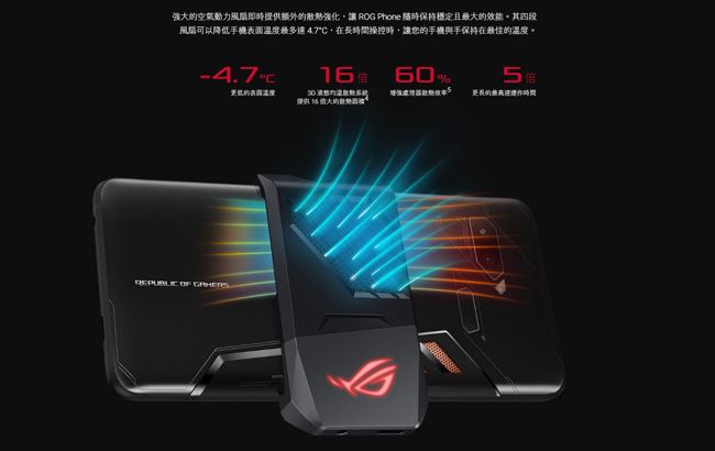 強空氣動力風即時提供额外熱強化讓 ROG Phone 保持穩定且最大的效能。其四段風可以降低手機表面溫最多達,在長操控時,讓您的手機與手保持在最佳的溫度。5倍-4.7 60%更低的表面溫度更長的時間提供 大的散度