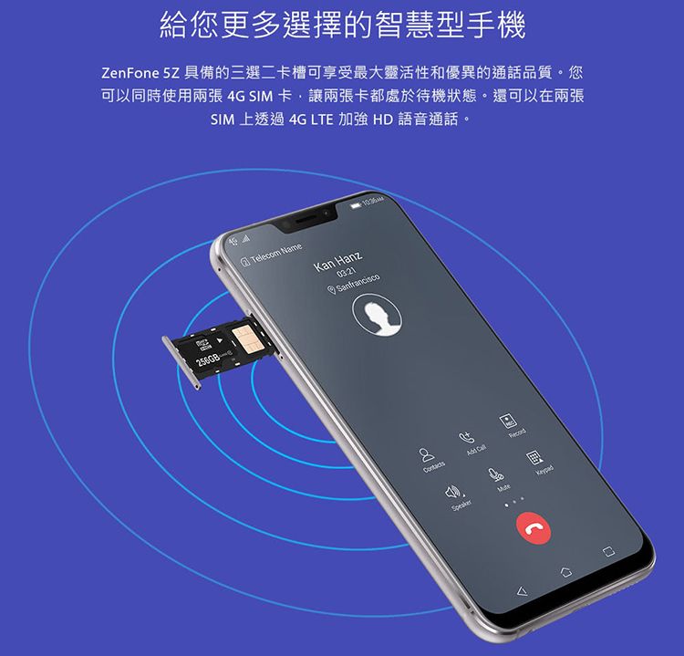 給您更多選擇的智慧型手機ZenFone  具備的三選二卡槽可享受最大靈活性和優異的通話品質。您可以同時使用兩張 4G SIM 卡,讓兩張卡都處於待機狀態。還可以在兩張SIM 上透過 4G LTE 加強 HD 語音通話。25GB 6Telecom NameKan Hanz8