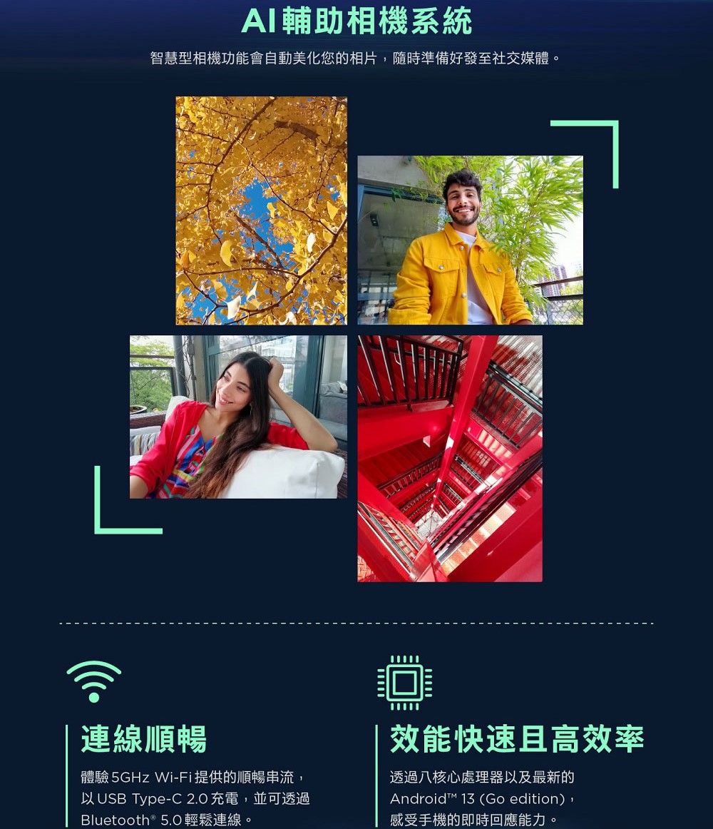 AI輔助相機系統智慧型相機功能會自動美化您的相片隨時準備好發至社交媒體。連線順暢體驗 5GHz Wi-Fi提供的順暢串流,以USB Type-C2.0充電,並可透過Bluetooth® 5.0輕鬆連線。效能快速且高效率透過八核心處理器以及最新的Android 13 (Go edition),感受手機的即時回應能力。