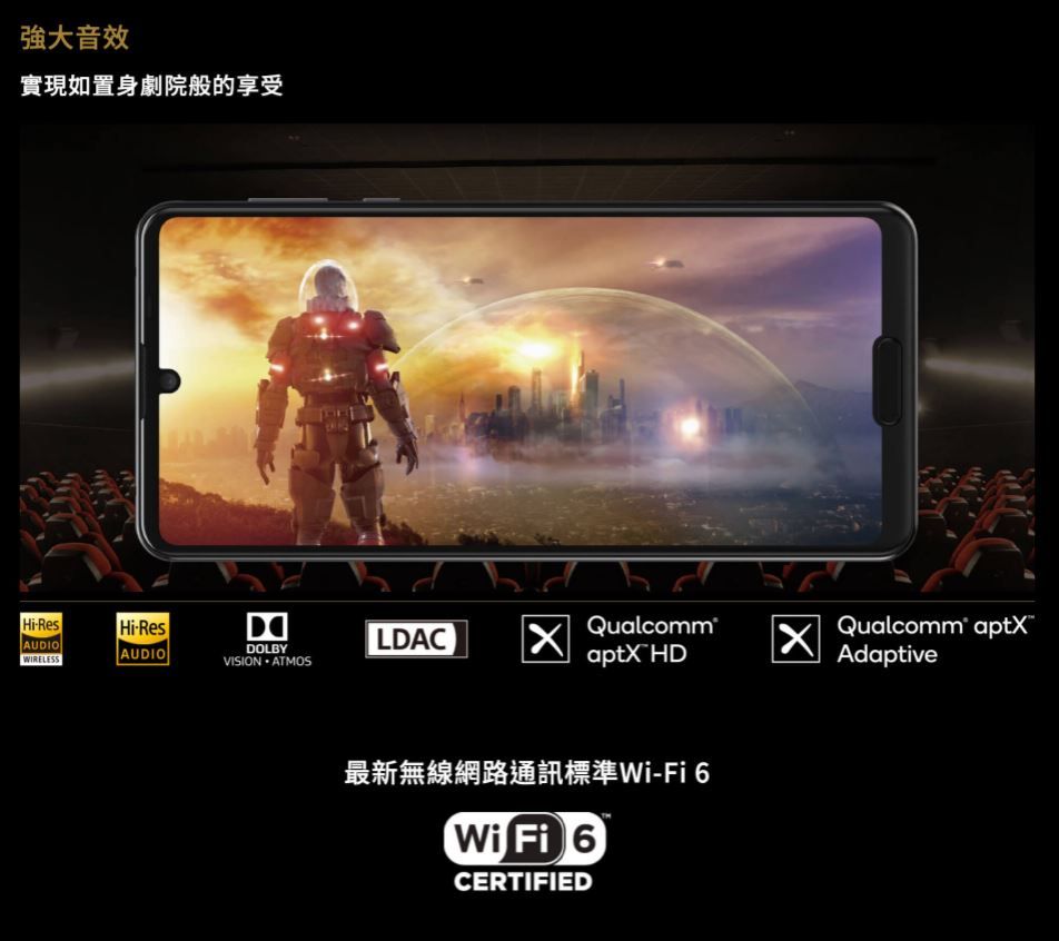 強大音效實現如置身劇院般的享受Hi-ResAUDIOWIRELESSHi-ResDQualcomm®Qualcomm aptXLDACDOLBYAUDIOVISION ATMOSaptX HDAdaptive最新無線網路通訊標準Wi-Fi6Wi Fi 6CERTIFIED