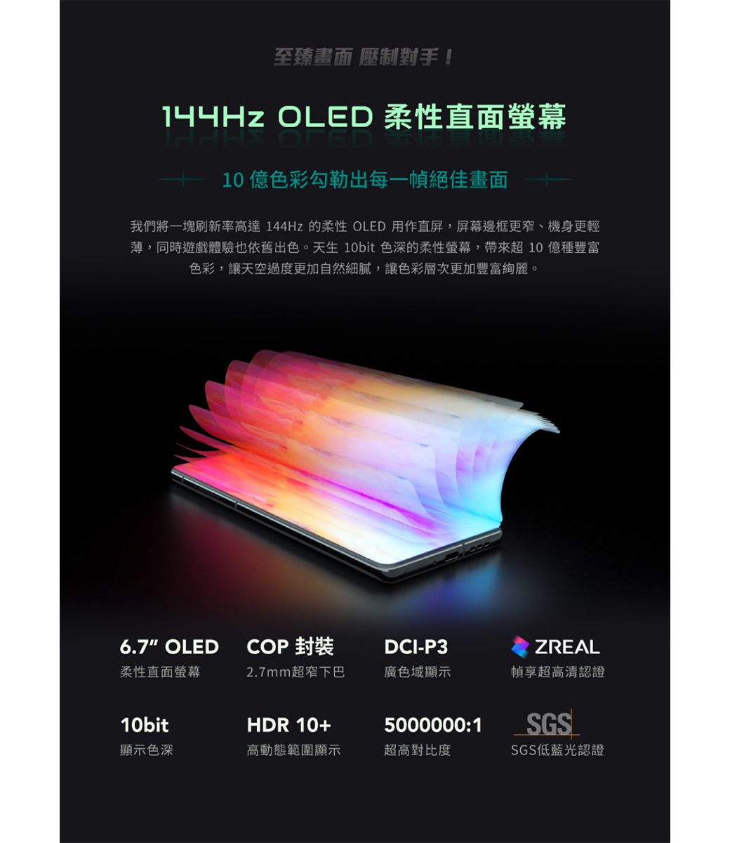 至臻畫面 壓制對手!Hz OLED 柔性直面10億色彩勾勒出每一幀絕佳畫面我們將一塊刷新率高達144Hz的柔性OLED 用作直屏,屏幕邊框更窄、機身更輕薄,同時遊戲體驗也依舊出色。天生 10bit 色深的柔性螢幕,帶來超10億種豐富色彩,讓天空過度更加自然細膩,讓色彩層次更加豐富絢麗。6.7 OLEDCOP DCI-P3ZREAL柔性直面螢幕2.7mm超窄下巴廣色域顯示幀享超高清認證10bitHDR 10+5000000:1SGS顯示色深高動態範圍顯示超高對比度SGS低藍光認證