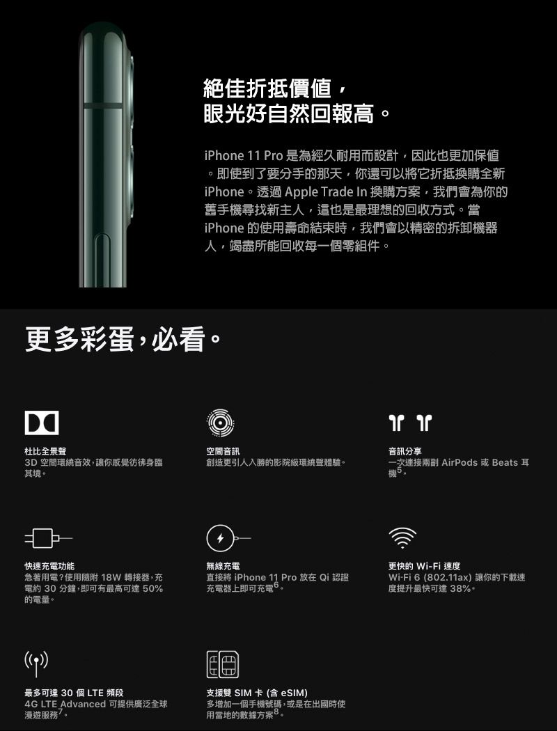 絕佳折抵價值眼光好自然回報高iPhone 11 Pro 是為經久耐用而設計因此也更加即使到了要分手的那天,你還可以將它折抵換購全新iPhone透過Apple Trade In 換購方案,我們會為你的舊手機尋找新主人,這也是最理想的回收方式當iPhone 的使用壽命結束時,我們會以精密的拆卸機器人,竭盡所能回收每一個零組件。更多彩蛋,必看。杜比全景聲空間音訊3D空間環繞音效,讓你感覺彷彿身臨其境。音訊分享創造更引人入勝的影院級環繞聲體驗。一次連接 AirPods 或 Beats 耳機。快速充電功能無線充電更快的 Wi-Fi 速度急著用電?使用隨附 1W 轉接器,充電約30 分鐘,即可有最高可達50%的電量。直接將 iPhone 11 Pro 放在 Qi 認證充電器上即可充電。Wi-Fi 6 802.11ax 讓你的下載速度提升最快可達38%。())最多可達 30 個 LTE 頻段支援雙 SIM 卡 (eSIM)4G LTE Advanced 可提供廣泛全球漫遊服務。多增加一個手機號碼,或是在出國時使用當地的數據方案8。