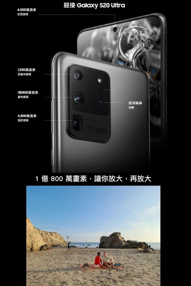 4,000萬畫素前置鏡頭1,200萬畫素超廣角鏡頭1億800萬畫素廣角鏡頭迎接 Galaxy S20 Ultra4,800萬畫素遠距鏡頭景深鏡頭相機1 億 800 萬畫素,讓你放大,再放大