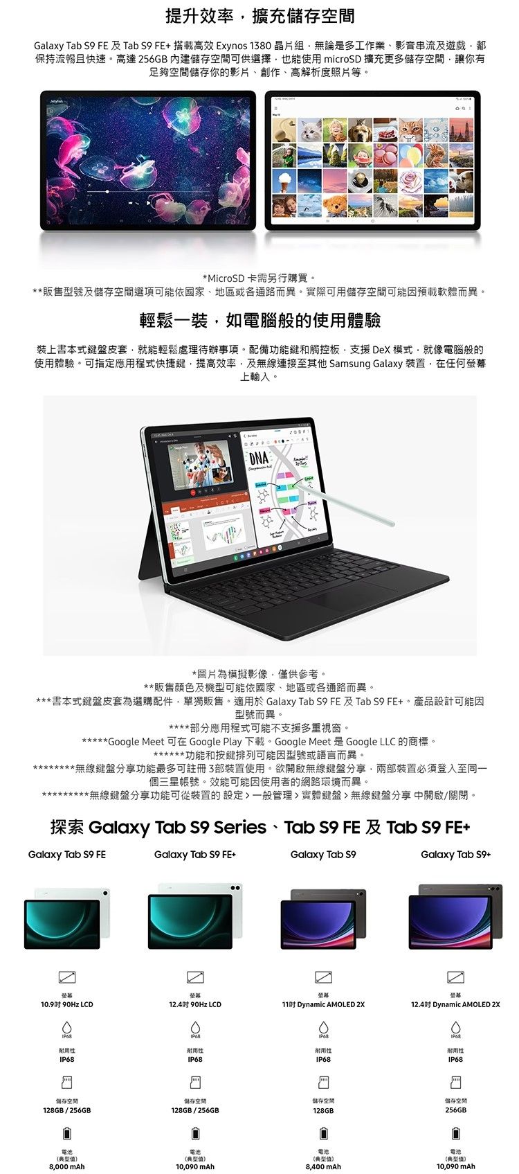 提升效率擴充儲存Galaxy Tab  FE 及TabFE+搭載高效 Exynos 180晶片組無論是多工作業影音串流及遊戲保持流暢且快速。高達 256GB 內建儲存空間供選擇也能使用 microSD 擴充更多儲存空間讓你有足夠空間儲存你的影片、創作、高解析度照片等。*MicroSD 卡需另行購買。**販售型號及儲存空間選項可能依國家、地區或各通路而異。實際可用儲存空間可能因預載軟體而異。輕鬆一裝如電腦般的使用體驗裝上書本式鍵盤皮套就能輕鬆處理待辦事項。配備功能鍵和觸控板支援 DeX模式就像電腦般的使用體驗。可指定應用程式快捷鍵,提高效率,及無線連接至其他 Samsung Galaxy 裝置,在任何上輸入。*圖片為模擬影像,僅供參考。**販售顏色及機型可能依國家、地區或各通路而異。***書本式鍵盤皮套為選購配件,單獨販售。適用於 Galaxy Tab  FE 及 Tab  FE+。產品設計可能因型號而異。****部分應用程式可能不支援多重視窗。*****Google Meet 可在 Google Play 下載。Google Meet 是 Google LLC 的商標。******功能和按鍵排列可能因型號或語言而異。**無線鍵盤分享功能最多可註冊3部裝置使用。欲開啟無線鍵盤分享,兩部裝置必須登入至同一個三星帳號。效能可能因使用者的網路環境而異。*無線鍵盤分享功能可從裝置的設定>一般管理>實體鍵盤>無線鍵盤分享 中開啟/關閉。探索 Galaxy Tab S9 Series 、 Tab S9 FE及Tab S9 FE+Galaxy Tab S9 FEGalaxy Tab S9 FE+Galaxy Tab S9螢幕螢幕10.9 90Hz LCD12.490Hz LCD11 Dynamic AMOLED 2X性儲存空間128GB/256GBIP68耐用性IP68耐用性IP68Galaxy Tab S9+螢幕12.4 Dynamic AMOLED 2X耐用性IP68儲存空間128GB/256GB儲存空間128GB儲存空間256GB電池電池電池(典型值)(典型值)(典型值)8,000 10,090 mAh8,400 mAh電池(典型值)10,090 mAh