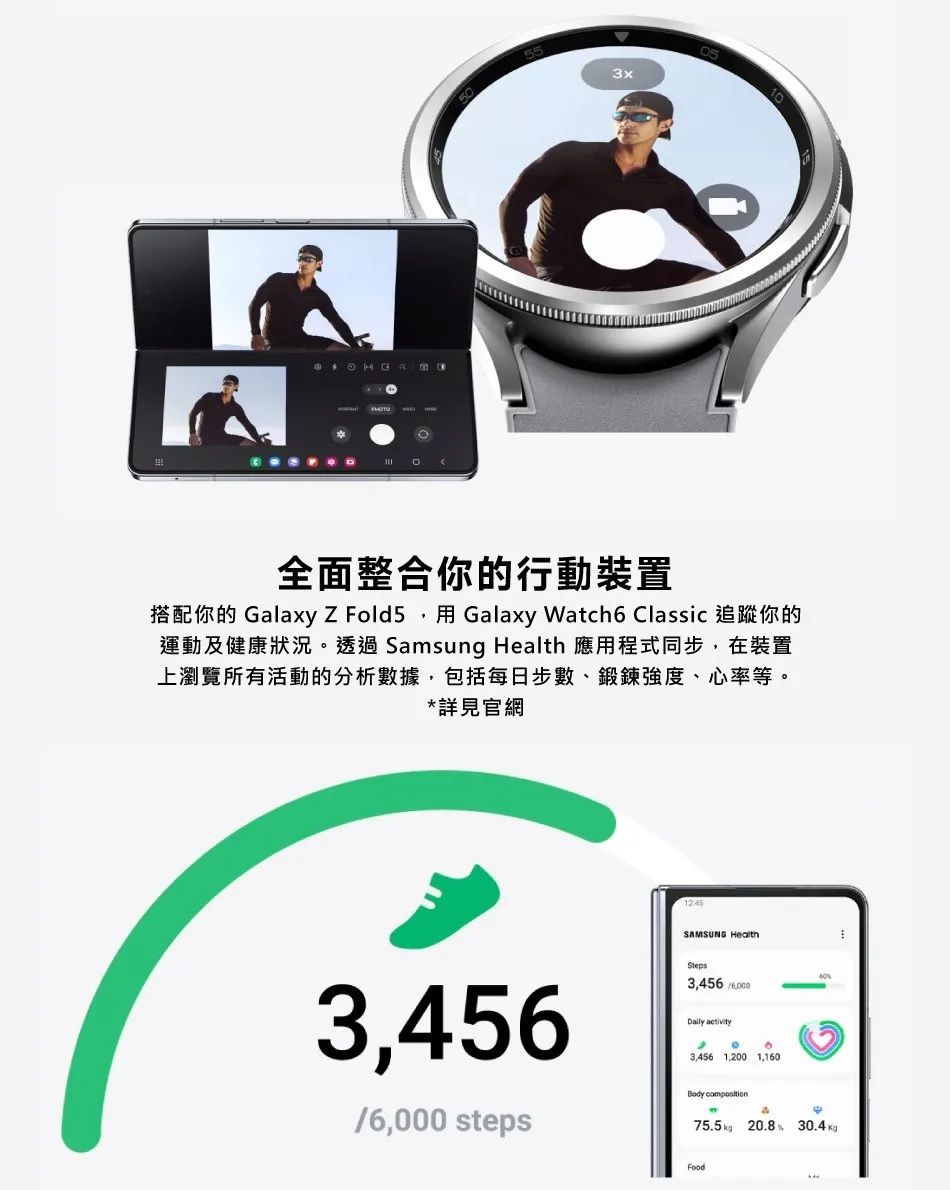 553x全面整合你的行動裝置搭配你的 GalaxyZ Fold5用Galaxy Watch6 Classic 追蹤你的運動及健康狀況。透過 Samsung Health 應用程式同步,在裝置上瀏覽所有活動的分析數據,包括每日步數、鍛鍊強度、心率等。*詳見官網SAMSUNG HealthSteps3,4563,4566,000 stepsDaily activity3,456 1,200 1,160Body  208 30.4 .Food