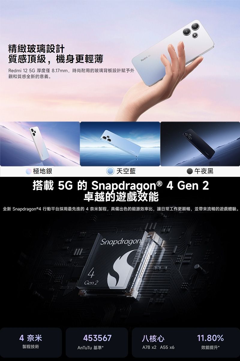 精緻玻璃設計質感頂級,機身更輕薄 2 5G 厚度僅8.17mm,時尚耐用的玻璃背板設計賦予外觀和質感全新的意義。極地銀|天空藍Redmi1午夜黑搭載 5G 的 Snapdragon ® 4 Gen 2卓越的遊戲效能全新 Snapdragon®4 行動平台採用最先進的4奈米製程,具備出色的能源效率比,讓日常工作更順暢,並帶來流暢的遊戲體驗。4Gen 2Snapdragon4 奈米453567八核心11.80%製程技術AnTuTu 基準A78 x2 A55 x6效能提升