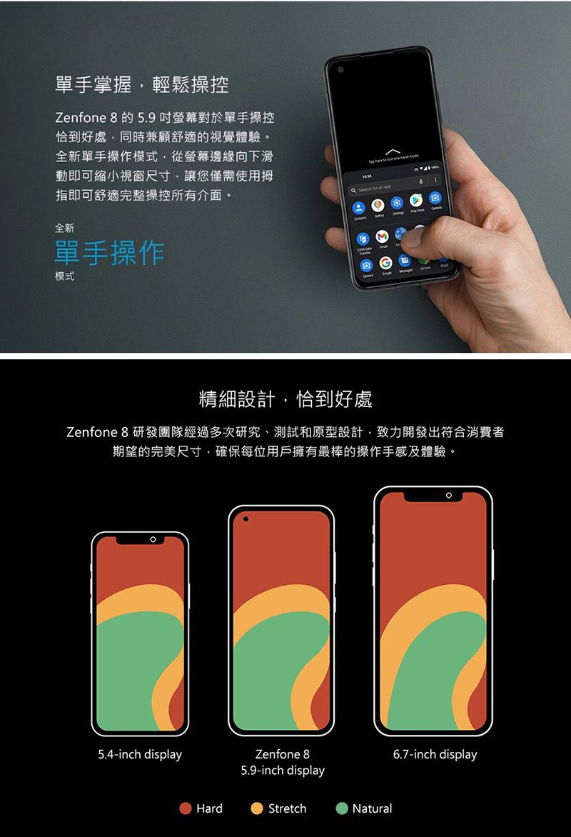 單手掌握輕鬆操控Zenfone  的 5.9吋對於單手操控恰到好處同時兼顧舒適的視覺體驗。全新單手操作模式從螢幕邊緣向下滑動即可縮小視窗尺寸讓您僅需使用拇指即可舒適完整操控所有介面。全新單手操作模式  for an 精細設計恰到好處Zenfone 8 研發團隊經過多次研究、測試和原型設計致力開發出符合消費者期望的完美尺寸,確保每位用戶擁有最棒的操作手感及體驗。5.4-inch displayZenfone 86.7-inch display5.9-inch displayHardStretchNatural