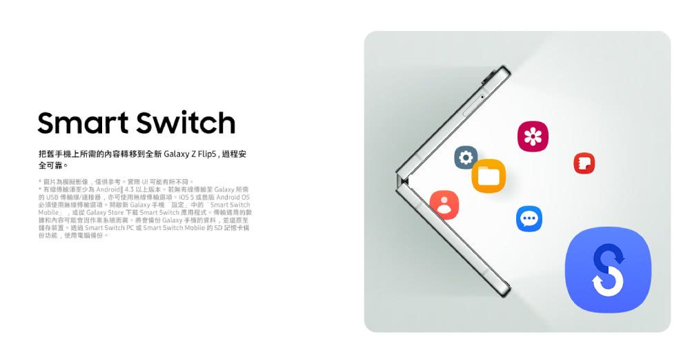 Smart Switch把舊上所需內容轉移到全 Galaxy Z Flip5過程安全可靠圖片模擬影像僅供參考可能有所不同* 少為 Android  以上本若無有傳給至 Galaxy 所需 線/连接器亦可使無線選項版 Android OS必須使用無線選項。新 Galaxy 中Smart Switch  Galaxy Store 下載 Smart Switch 用。傳輸的和內容可能系統而異。將會備份 Galaxy 手機的資料,至儲存裝置, Smart Switch PC  Smart Switch Mobile 的  記憶卡備份功能,使用電腦備份=