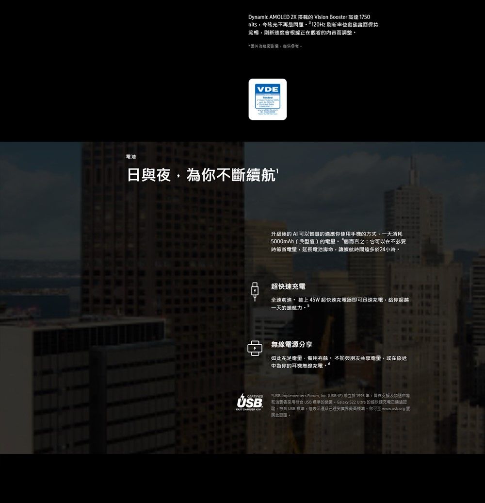 Dynamic AMOLED 2X  Vision Booster 高達 170nits令眩光不再是問題 120Hz 刷新率使保持流暢刷新速度會根據正在觀看的內容調整圖片為模擬影像僅供VDE電池日與夜,為不斷b升級後的  以智慧的適應你使用手機的方式,一天耗5000mAh(典型值的而言之:它可以在不必要時節省,延長電池壽命,讓續航時間多於24小時快速全速前進 接上45 超快速充電器即可迅速充電,給你超越一天的續航 5無線電源分享如此充足電量,備用有餘,不妨與朋友共享電量,或在旅途中為你的耳機無線充電 * Implementers Forum, Inc (USB) 成立於1995年,在支援及加速市場USB 消 USB 的,   的超快速充電  W, USB 標準,還表示產品最高標準。你可至  詢此。