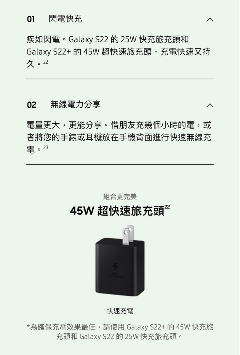 01 閃電快充疾如閃電。Galaxy S22 的25W 快充旅充頭和Galaxy S22+的45W超快速旅充頭,充電快速又持久02 無線電力分享電量更大,更能分享。借朋友充幾個小時的電,或者將您的手錶或耳機放在手機背面進行快速無線充電。23組合更完美45W 超快速旅充頭”快速充電*為確保充電效果最佳,請使用Galaxy S22+的45W 快充旅充頭和 Galaxy S22的25W快充旅充頭。