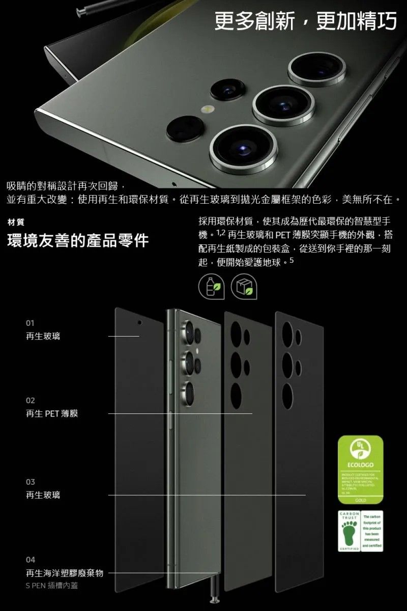 更多創新更加精巧吸睛的對稱設計次回歸,並有重大改變:使用再生和環保材質。從再生玻璃到拋光金屬框架的色彩,美無所不在。材質環境友善的產品零件採用環保材質,使其成為歷代最環保的智慧型手機。1,2 再生玻璃和PET薄膜突顯手機的外觀,搭配再生紙製成的包裝盒,從送到你手裡的那一刻起,開始愛護地球。501再生玻璃02再再生PET薄膜03再生玻璃04再生海洋塑膠廢棄物S PEN 插槽內蓋ECOLOGOGOLD The  and