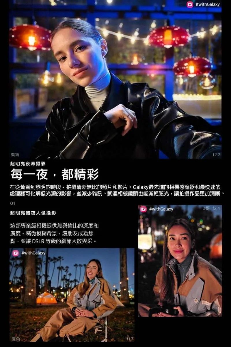 廣角超明亮夜幕攝影每一夜都精彩#withGalaxyf2.2在從黃昏到黎明的時段,拍攝清晰無比的照片和影片。Galaxy最先進的相機感應器和最快速的處理器可化解低光源的影響,並減少雜訊。就連相機鏡頭也能減輕眩光,讓拍攝作品更加清晰。01超明亮暗夜人像攝影這部專業級相機提供無與倫比的深度和廣度。稍微模糊背景,讓朋友成為焦點,並讓 DSLR 等級的細節大放異采。 #withGalaxy廣角#withGalaxy3倍 f2.4