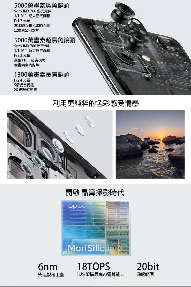5000萬廣角鏡頭Sony IMX 766 感光元件1/1.56超大感光面積F/1.7 光圈單眼級五軸光學防手震畫素5000萬畫素超廣角鏡頭Sony IMX766 感光元件1/1.56超大感光面積F/2.2 光圈原生110°超廣視角畫素全1300萬畫素長焦鏡頭F/2.4 光圈5倍混合變焦20倍數位變焦利用更純粹的色彩感受情感 算攝影時代oppo6nmMariSilicon18TOPS20bit先進製程工藝先進架構最高運算能力動態範圍