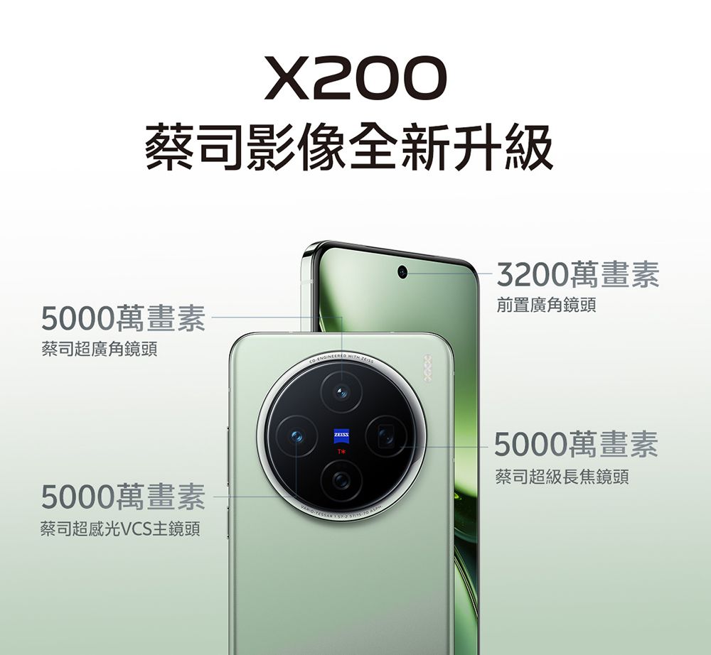 蔡司影像全新升級5000萬畫素蔡司超廣角鏡頭ENGINEERED WITH 5000萬畫素蔡司超感光VCS主鏡頭3200萬畫素前置廣角鏡頭5000萬畫素蔡司超級長焦鏡頭