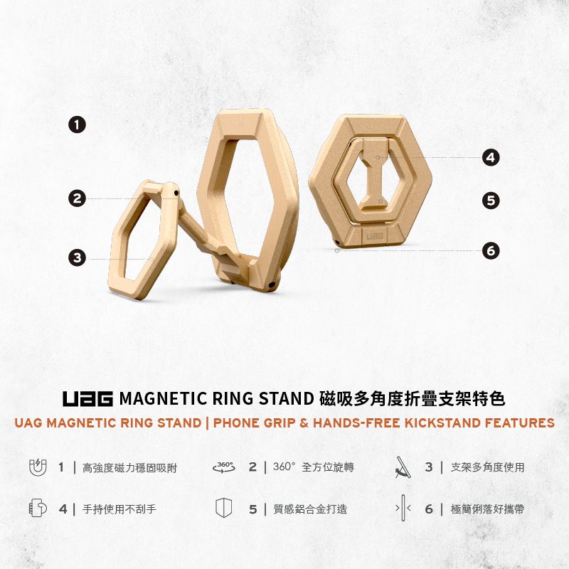 142356 MAGNETIC RING STAND 磁吸多角度折疊支架特色UAG MAGNETIC RING STAND  PHONE GRIP & HANDS-FREE KICKSTAND FEATURES  高強度磁力穩固吸附360  360°全方位旋轉3| 支架多角度使用 4| 手持使用不刮手 質感鋁合金打造  極簡俐落好攜帶