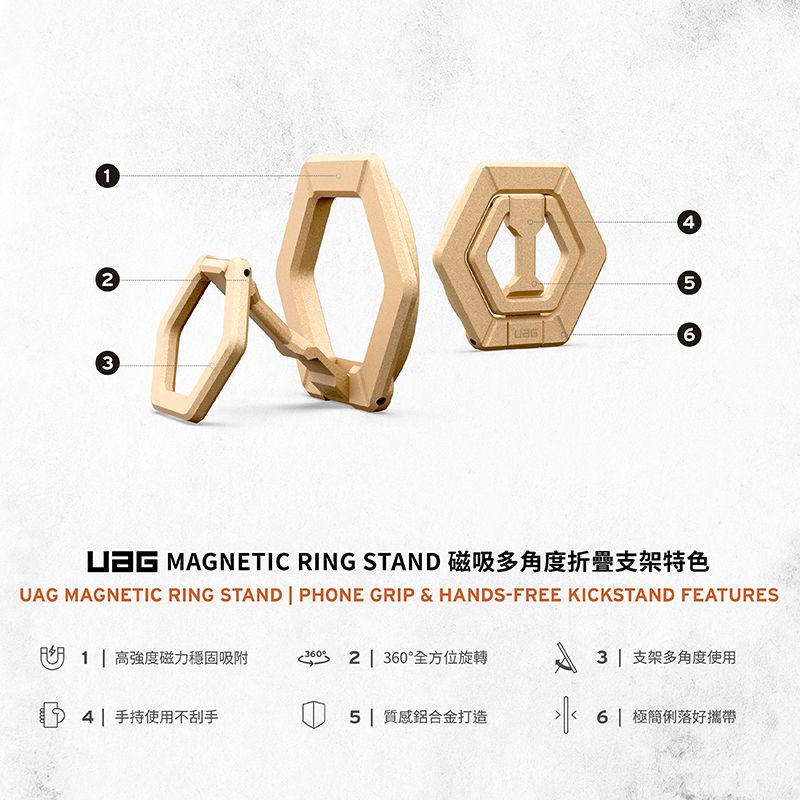 2345 MAGNETIC RING STAND 磁吸多角度折疊支架特色UAG MAGNETIC RING STAND  PHONE GRIP & HANDS-FREE KICKSTAND FEATURES 1 強度磁力穩固吸附  360°全方位旋轉3| 支架多角度使用4| 手持使用不刮手5| 質感鋁合金打造6| 極簡俐落好攜帶