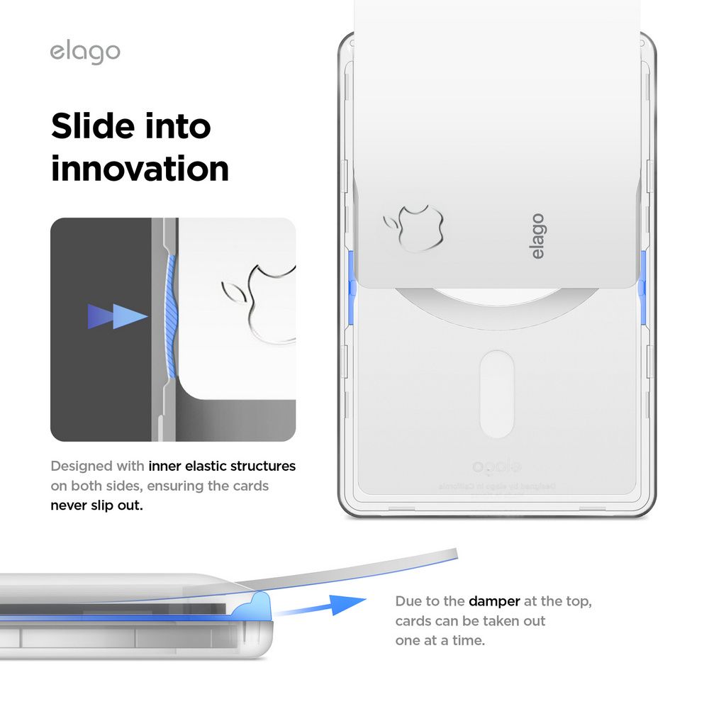 elagoSlide intoinnovationDesigned with inner elastic structureson both sides, ensuring the cardsnever slip out.Due to the damper at the top,cards can be taken outone at a time.elago