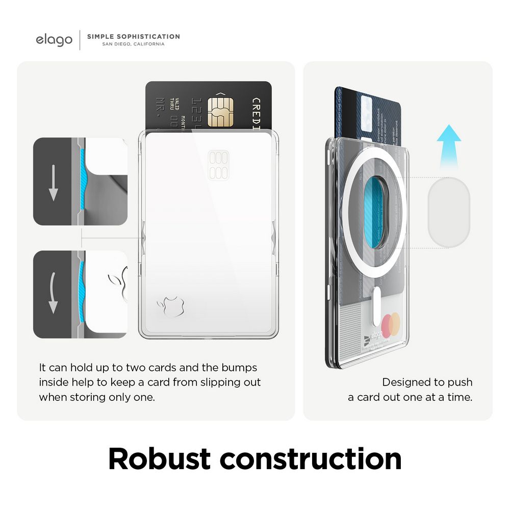 elagoSIMPLE SOPHISTICATIONSAN DIEGO CALIFORNIA000CREDI can hold up to two cards and the bumpsinside help to keep a card from slipping outwhen storing only one.Designed to pusha card out one at a time.Robust construction