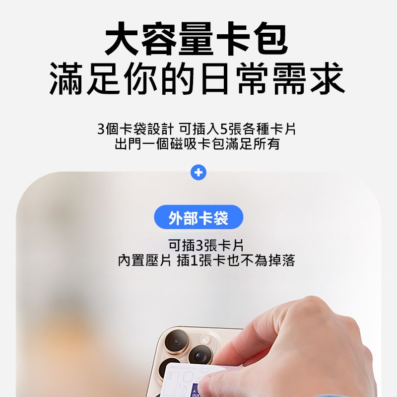 大容量卡包滿足你的日常需求3個卡袋設計 可插入5張各種卡片出門一個磁吸卡包滿足所有+外部卡袋可插3張卡片內置壓片 插1張卡也不為掉落