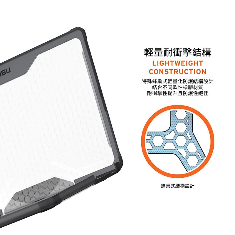 輕量耐衝擊結構LIGHTWEIGHTCONSTRUCTION特殊蜂巢式輕量化防護結構設計結合不同軟性橡膠材質耐衝擊性提升且防護性絕佳蜂巢式結構設計