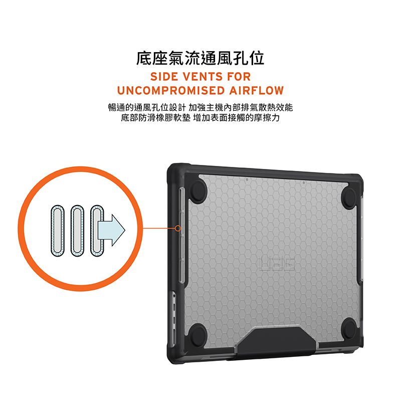 底座氣流通風孔位SIDE VENTS FORUNCOMPROMISED AIRFLOW暢通的通風孔位設計加強主機內部排氣散熱效能底部防滑橡膠軟墊增加表面接觸的摩擦力